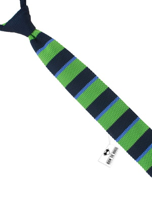 Краватка в'язана салатова з темно-синім та блакитною смужкою. | 6457123