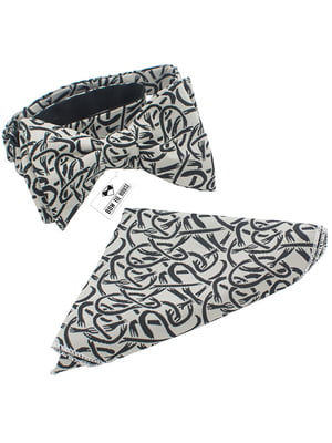 Краватка-метелик сіро-чорна з візерунком + хустка | 6457132
