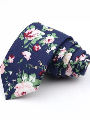 Краватка вузька синя з квітковим принтом | 6458367