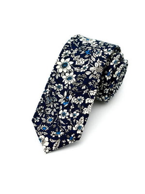 Краватка вузька темно-синя з квітковим принтом | 6458372