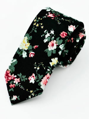 Краватка вузька чорна з квітковим принтом | 6458373
