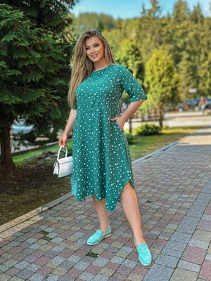 Платье А-силуэта зеленое в горох | 6465151