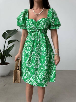 Сукня А-силуету зелена в принт | 6423447