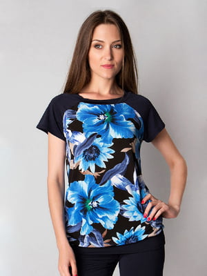Блуза темно-синя в квітковий принт | 6477756
