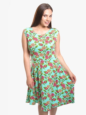 Платье А-силуэта зеленое в цветочный принт | 6477830