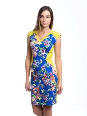 Платье сине-желтое с цветочным принтом | 6477839