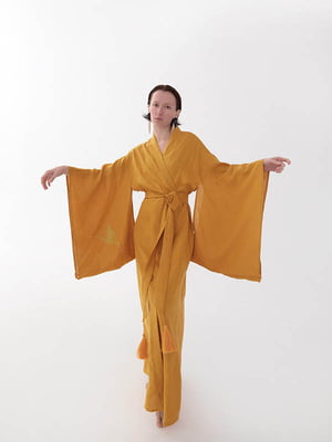Сукня-кімоно з льону в японському стилі з вишивкою. Колекція "Птахи України". Колір "Шафран" | 6502677