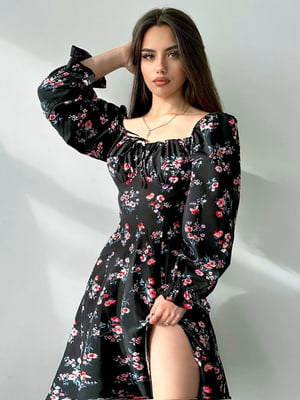 Сукня А-силуету чорна з квітковим принтом | 6505857