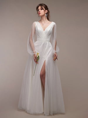 Вечернее белое платье в пол разрезом на ноге | 6506067