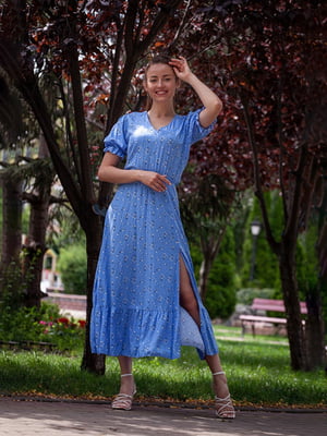 Сукня А-силуету блакитна в квітковий принт | 6506225