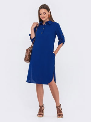 Льняное синее платье-рубашка | 6506276