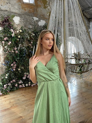 Шелковое платье-миди зеленое в горошек | 6506283