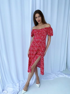 Штапельна сукня червоного кольору в квітковий принт | 6506313
