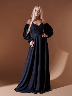 Вечірня блискуча сукня темно-синього кольору | 6506335