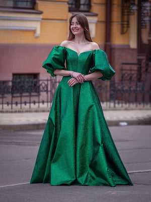 Платье зеленое с рукавами-буфф | 6506354