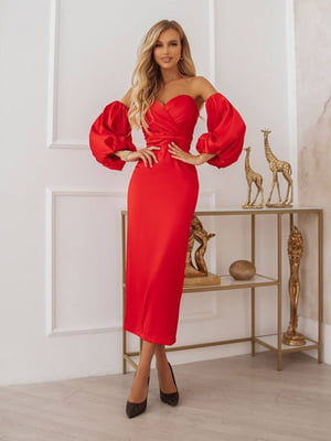 Сукня червона атласна з пишними рукавами | 6506383