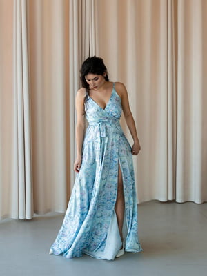 Сукня шовкова блакитна в квітковий принт | 6506438