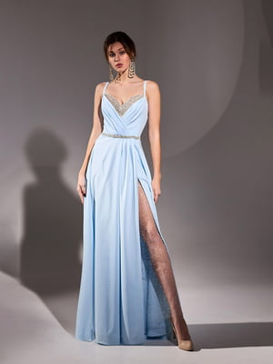 Довга сукня блакитного кольору із золотою вставкою | 6506453