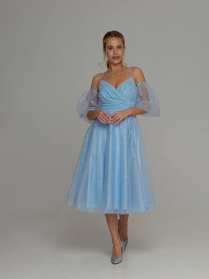 Платье голубое с открытой спиной и сьемним рукавом | 6506464