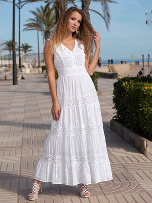 Платье белое перфорированое на широком поясе | 6506552