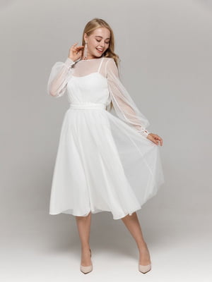 Сукня-міді біла з сіткою в горошок | 6506578