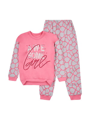 Пижама серо-розовая с принтом: свитшот и брюки | 6514163