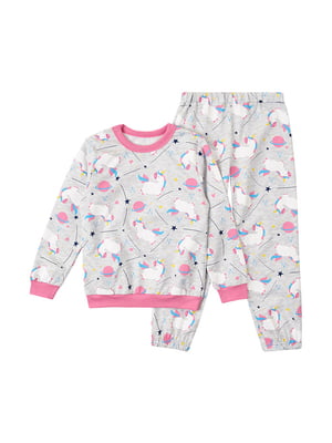 Пижама серо-розовая с единорогами: свитшот и брюки | 6514239