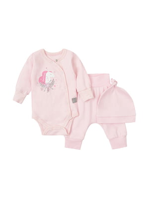 Комплект рожевий з принтом: боді, штани та шапочка | 6514260