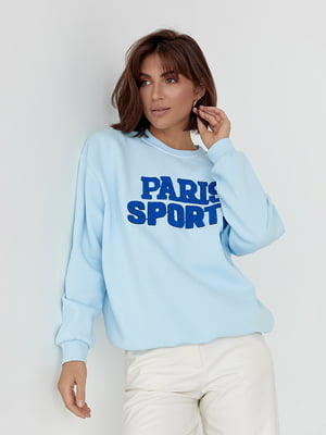 Теплый голубой свитшот на флисе с надписью Paris Sports | 6524473