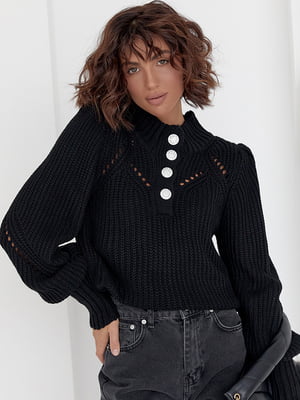 Чорний трикотажний светр з гудзиками на комірі | 6524500
