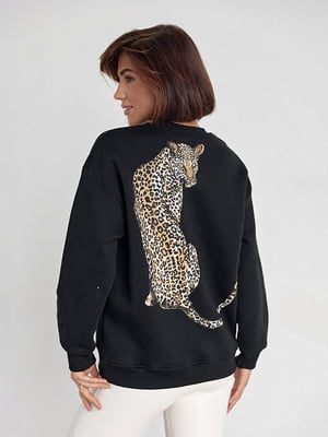 Утепленный черный свитшот с принтом леопарда на спине | 6524552