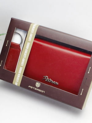 Подарунковий набір: шкіряний гаманець та брелок червоного кольору з логотипом бренду | 6528241