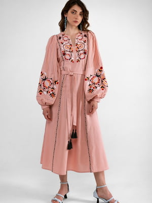 Льняна сукня-вишиванка пудрового кольору “Любимівка” з квітковими мотивами  | 6547258