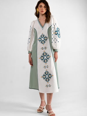Льняна вишита сукня молочно-оливкового кольору “Олександрія”  | 6547261
