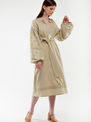 Льняна бежева сукня-вишиванка “Спадок”, оздоблена орнаментом Полтавського регіону | 6547282