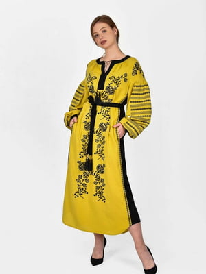 Льняна сукня-вишиванка кольору охра “Козачка” з рослинним орнаментом | 6547294