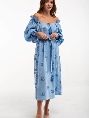 Льняна блакитна сукня-вишиванка «Барвінок» у рослинно-геометричній тематиці | 6547306