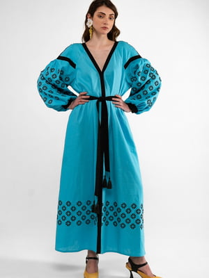 Льняна сукня-вишиванка бірюзового кольору “Долина”  | 6547240