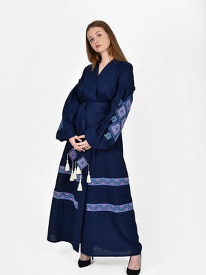 Льняна темно-синя сукня-вишиванка “Сузір'я” з орнаментом зі старовинної Волині | 6547303