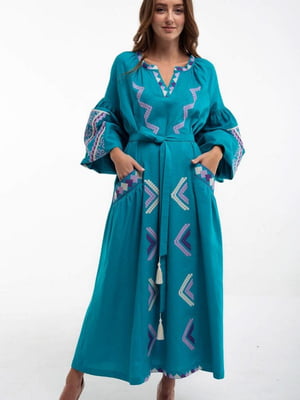 Льняна сукня-вишиванка бірюзового кольору «Вирій» | 6547335