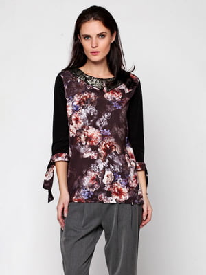 Блуза чорна з квітковим принтом | 3240380