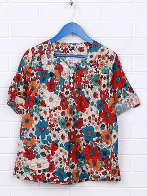 Блуза бежевая в разноцветный цветочный принт | 6535779