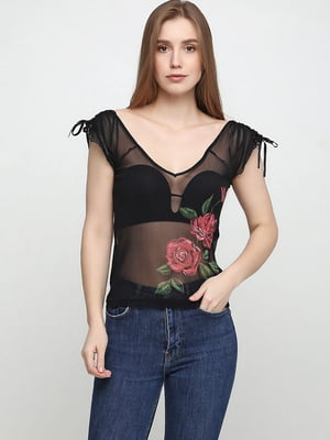 Блуза черная с цветочным принтом | 6536938