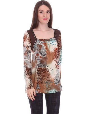 Блуза бежево-коричневая с принтом | 6538368