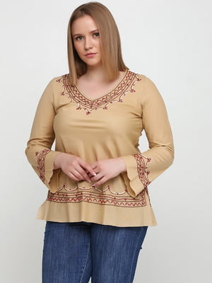 Блуза світло-коричнева з орнаментом | 6540443