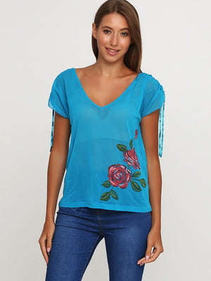 Блуза блакитна з квітковим принтом | 6540617