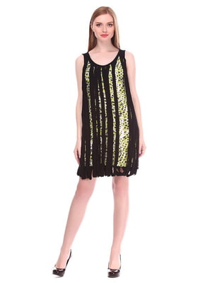 Сукня оригінального крою чорно-салатова з принтом | 6542085