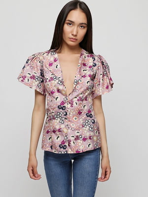 Блуза шовкова рожева з квітковим принтом | 6542159