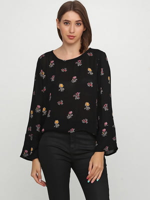 Блуза черная с цветочным принтом | 6543609