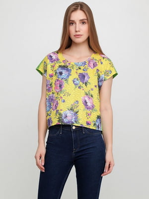 Блуза желтая с разноцветным цветочным принтом | 6544334